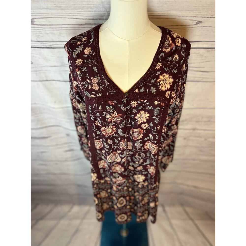 American Eagle Boho Floral Peasant Dress Small Burgundy Long Sleeve Crochet Neck - Picture 2 of 6